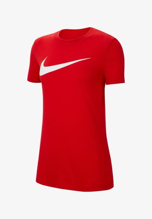 T-shirt en coton rouge avec un grand logo Nike swoosh blanc sur la poitrine. Manches courtes et design classique à col rond.