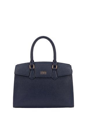 Borsa a mano in pelle blu navy con due manici, dettagli dorati e logo "COVERI active" centrato sulla parte anteriore.