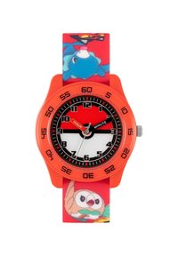 Montre en silicone orange avec un cadran noir, des aiguilles des heures et des minutes blanches, des accents rouges et noirs, et un bracelet représentant un personnage de dessin animé coloré.