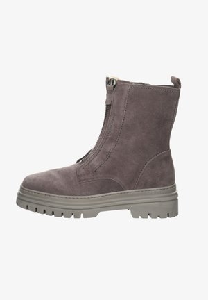 Gray suede ankle boot with side zip closure, textured upper, and sturdy rubber sole featuring deep treads for traction.