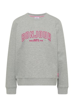 Lysegrå sweatshirt med pink tekst "BONJOUR" i store bogstaver og mindre tekst "PARIS BONJOUR LA VIE" centreret på brystet.