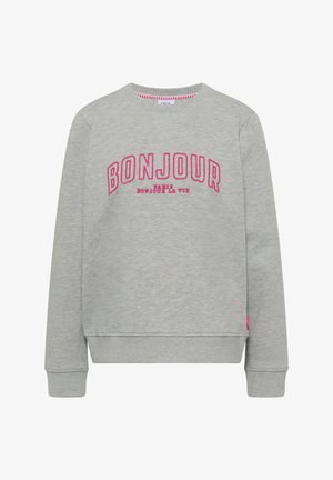 Sweat-shirt gris clair avec le texte rose "BONJOUR" en grandes lettres et un texte plus petit "PARIS BONJOUR LA VIE" centré sur la poitrine.