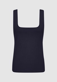 Marinblå stickad ärmös topp med fyrkantig halsringning, ärmlös design och figurnära silhuett. Slät struktur med jämn sömnad.