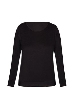 Maglietta nera a maniche lunghe con scollatura rotonda, realizzata in tessuto morbido e elastico. Orlo dritto senza motivi né decorazioni.