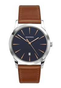 Montre Sekonda avec un cadran bleu marine, des index en or rose, un boîtier en argent et un bracelet en cuir marron. Affiche la date à 6 heures.