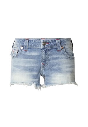 Lichtblauwe denim shorts met een verouderde wassing, rafelige zoom, vijf zakken, knoopsluiting aan de voorkant en rode stikselaccenten.