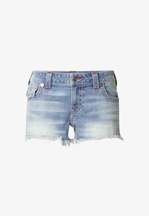 Lichtblauwe denim shorts met een verouderde wassing, rafelige zoom, vijf zakken, knoopsluiting aan de voorkant en rode stikselaccenten.