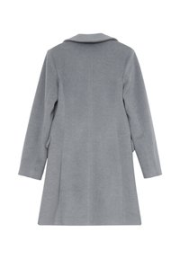 Cappotto grigio in lana con una vestibilità su misura, colletto a risvolto, maniche lunghe e tasche laterali. La trama è tessuta con un motivo sottile.