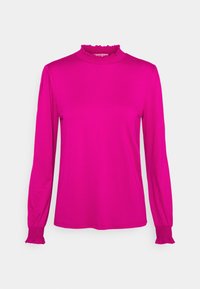 Fuchsia Langarmoberteil mit hochgerüschtem Halsausschnitt und gesmokten Ärmelbündchen, aus weichem, elastischem Stoff gefertigt. Schlichtes Design ohne Muster.