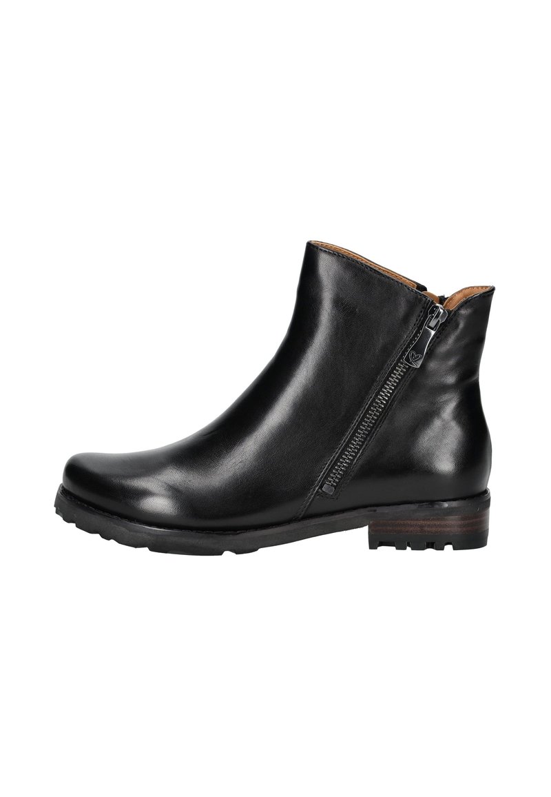 Bottines noires en cuir avec une fermeture éclair sur le côté, un bout rond et un petit talon empilé. La semelle possède un relief texturé pour une meilleure adhérence.