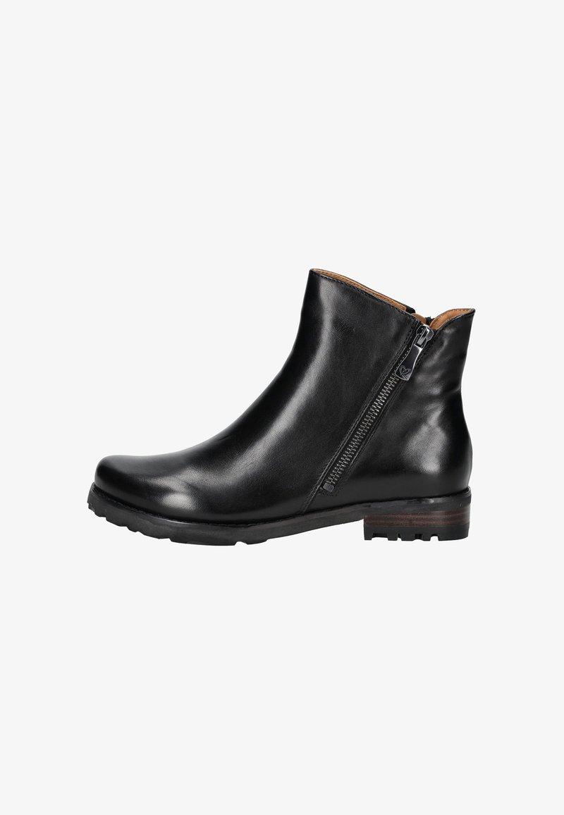 Bottines noires en cuir avec une fermeture éclair sur le côté, un bout rond et un petit talon empilé. La semelle possède un relief texturé pour une meilleure adhérence.