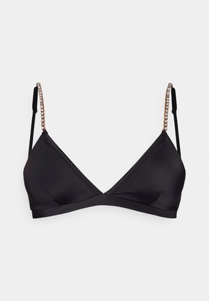 Soutien-gorge triangle noir en tissu lisse, avec des bretelles décoratives en perles et des bretelles sombres réglables pour un ajustement parfait. Sans rembourrage ni armature.