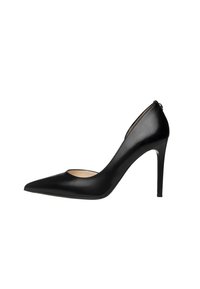 Escarpin noir en cuir avec un bout pointu, texture lisse, décolleté bas, et un talon aigu minimaliste, présentant un accent subtil à l'arrière.