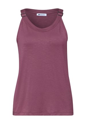 Camiseta sin mangas color malva con tirantes ajustables con hebillas y escote redondo, hecha de tela suave con textura ligeramente rugosa.