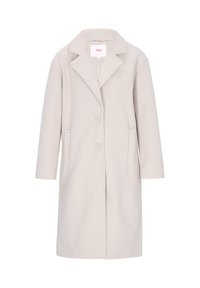 Lungo cappotto di lana beige con colletto a risvolto, due bottoni frontali e tasche laterali verticali, taglia piccola.