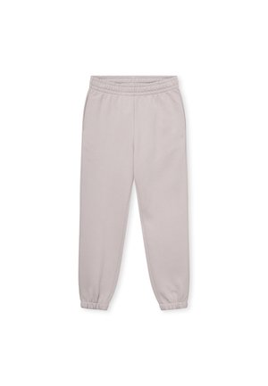 Lichtgrijze sweatpants met een elastische tailleband, ribbelmanchetten en twee zijzakken. Gemaakt van zachte stof met een gladde textuur.