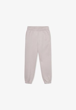 Lichtgrijze sweatpants met een elastische tailleband, ribbelmanchetten en twee zijzakken. Gemaakt van zachte stof met een gladde textuur.
