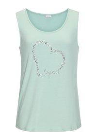 Svijetlo zeleni top bez rukava od mekog materijala, s dizajnom srebrnog šljokičastog srca i riječju "lascana" ispod njega napisanom kurzivom.