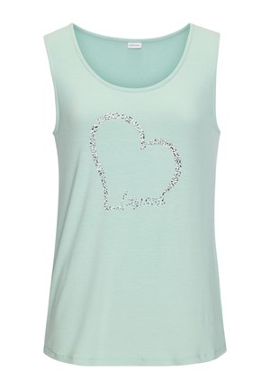 Hele helesinise roheline tank top, mis on valmistatud pehmest kangast, millel on hõbedane sädelev südamekujuline muster ja sõna "lascana" allkirja stiilis.