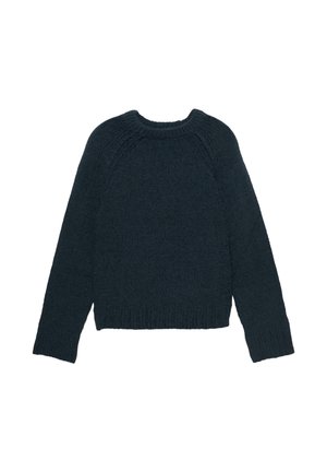 Donkergroen gebreide trui met een ronde hals, lange raglanmouwen en geribbelde manchetten en zoom. Gestructureerd oppervlak met een losse pasvorm.