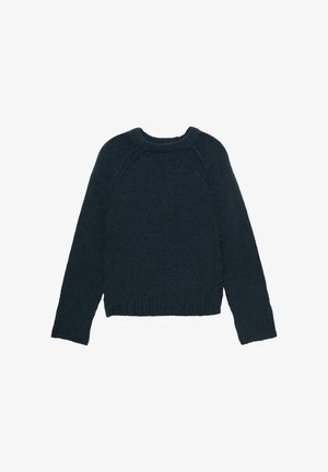 Donkergroen gebreide trui met een ronde hals, lange raglanmouwen en geribbelde manchetten en zoom. Gestructureerd oppervlak met een losse pasvorm.