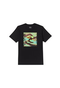 Schwarzes T-Shirt mit kurzen Ärmeln, das ein buntes, retro-inspiriertes Grafikdesign mit Händen und dem Text "RVCA" auf der Vorderseite zeigt. Aus weichem Baumwollmaterial gefertigt.