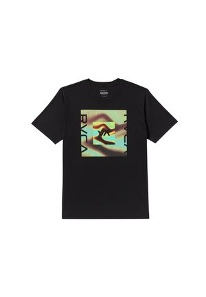 T-shirt noir à manches courtes avec un design graphique rétro coloré représentant des mains et le texte "RVCA" à l'avant. Fabriqué en coton doux.