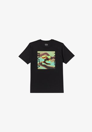 T-shirt noir à manches courtes avec un design graphique rétro coloré représentant des mains et le texte "RVCA" à l'avant. Fabriqué en coton doux.