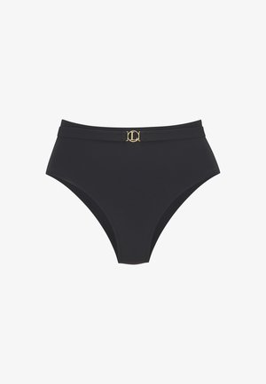 Schwarzer Bikini-Slip mit hoher Taille aus glattem Stoff, mit schmalem Taillenbund und einem goldenen Logo-Akzent in der vorderen Mitte.