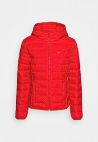 Giacca a vento imbottita rossa con cappuccio, zip frontale, tasche laterali e piccolo logo sul petto sinistro, progettata per il freddo.