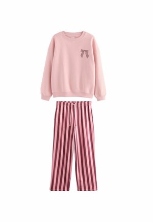 Light pink sweatshirt with a small bow design on the chest, paired with burgundy and pink striped pants featuring an elastic waistband.