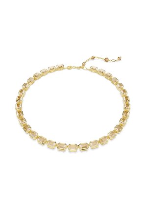 Goldfarbene Halskette mit rechteckigen champagnerfarbenen Edelsteinen, verbunden in einer durchgehenden Kette mit verstellbarem Verschluss und hängenden Perlen.