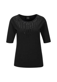 Zwarte T-shirt met korte mouwen en ronde halslijn, versierd met verticale zwarte kraalornamenten die vanuit de kraag naar beneden lopen.