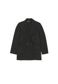 Blazer de corte cruzado en patrón de cuadros oscuros, con solapa de muesca, dos bolsillos frontales y una silueta relajada. Fabricado en tejido texturizado.