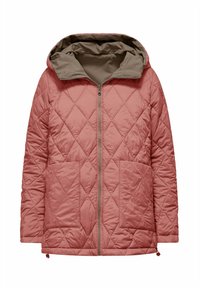 Gequilte jas in stoffige roze, met een capuchon, ritsluiting, zakken en een contrasterende olijfgroene voering. Zachte stof met een gestructureerd oppervlak.