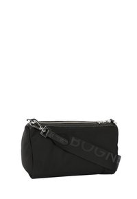 Black nylon pouch bag with a zip closure, featuring a leather strap and logo detailing. Smooth texture with a rectangular shape.