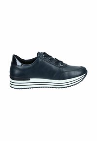 Navy leather sneaker with rounded toe, lace-up design, glossy patent accents, and white striped sole for added cushioning and traction.