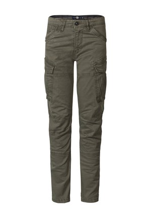 Pantalon cargo en tissu de coton vert olive, doté de plusieurs poches latérales, d'une coupe fuselée et de détails de couture subtils.