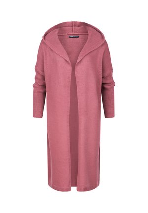 Cardigan largo y abierto en punto suave color rosa claro, con capucha, mangas acanaladas y un ajuste relajado. Tejido texturizado con aberturas laterales.