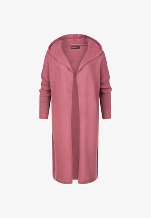 Pikk, avatud ees oleva kardigan pehmest roosa kudumist, millel on kapuuts, soonikkoes varrukad ja lõdva istuvus. Tekstuuriga kangas külgmiste lõhikute jaotustega.