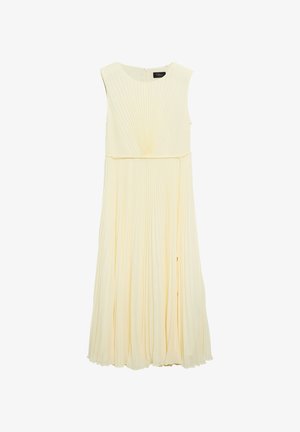 Robe midi sans manches crème plissée avec encolure ronde et fine ceinture à nouer à la taille, tissu léger, design élégant et fluide.