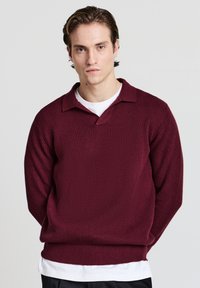Pullover a coste bordeaux con scollo a V e colletto corto. Maniche lunghe e vestibilità rilassata. Indossato sopra una camicia bianca.