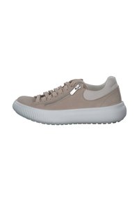 Hellbeige Sneakers mit Obermaterial aus Wildleder, weißer Gummisohle und seitlichem Reißverschluss. Abgerundete Zehenpartie und strukturierte Sohle für besseren Halt.