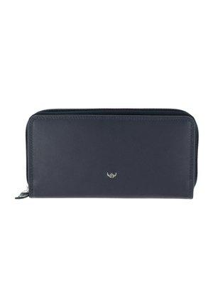 Portefeuille en cuir noir à fermeture éclair tout autour avec petit logo argenté centré sur le devant, sur fond blanc.