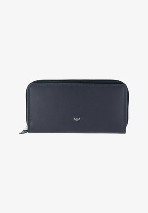 Black leather zip-around wallet with small silver logo centered on front against white background.