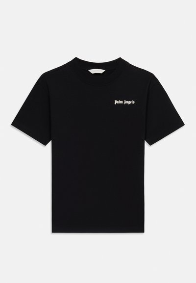 Μαύρο κοντομάνικο t-shirt με στρογγυλή λαιμόκοψη και μικρό λευκό λογότυπο "Palm Angels" στο αριστερό μέρος του στήθους, με μονόχρωμο φόντο.