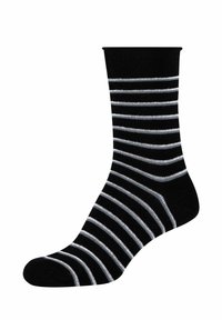 Calza nera con strisce orizzontali grigio argento, bordo a costine e texture liscia. Design alla caviglia adatto per un abbigliamento casual.