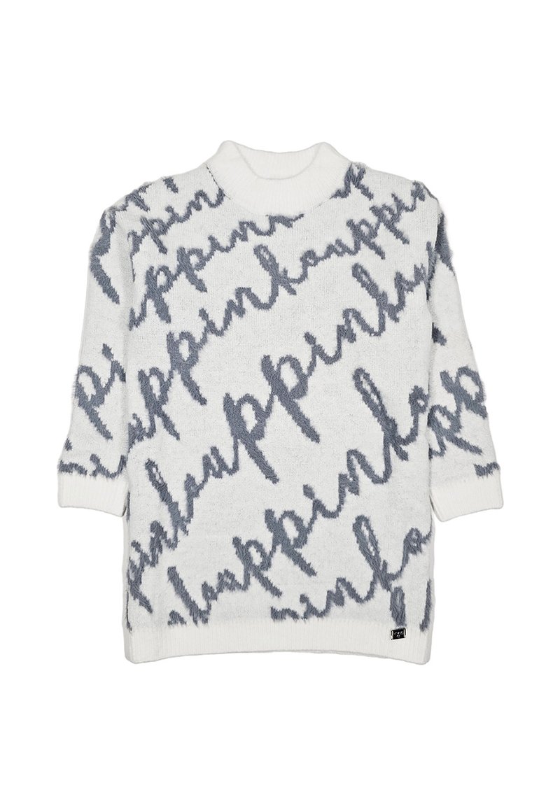 Maglione bianco peloso con motivo di testo in corsivo grigio e collo alto, polsini e orlo a coste.