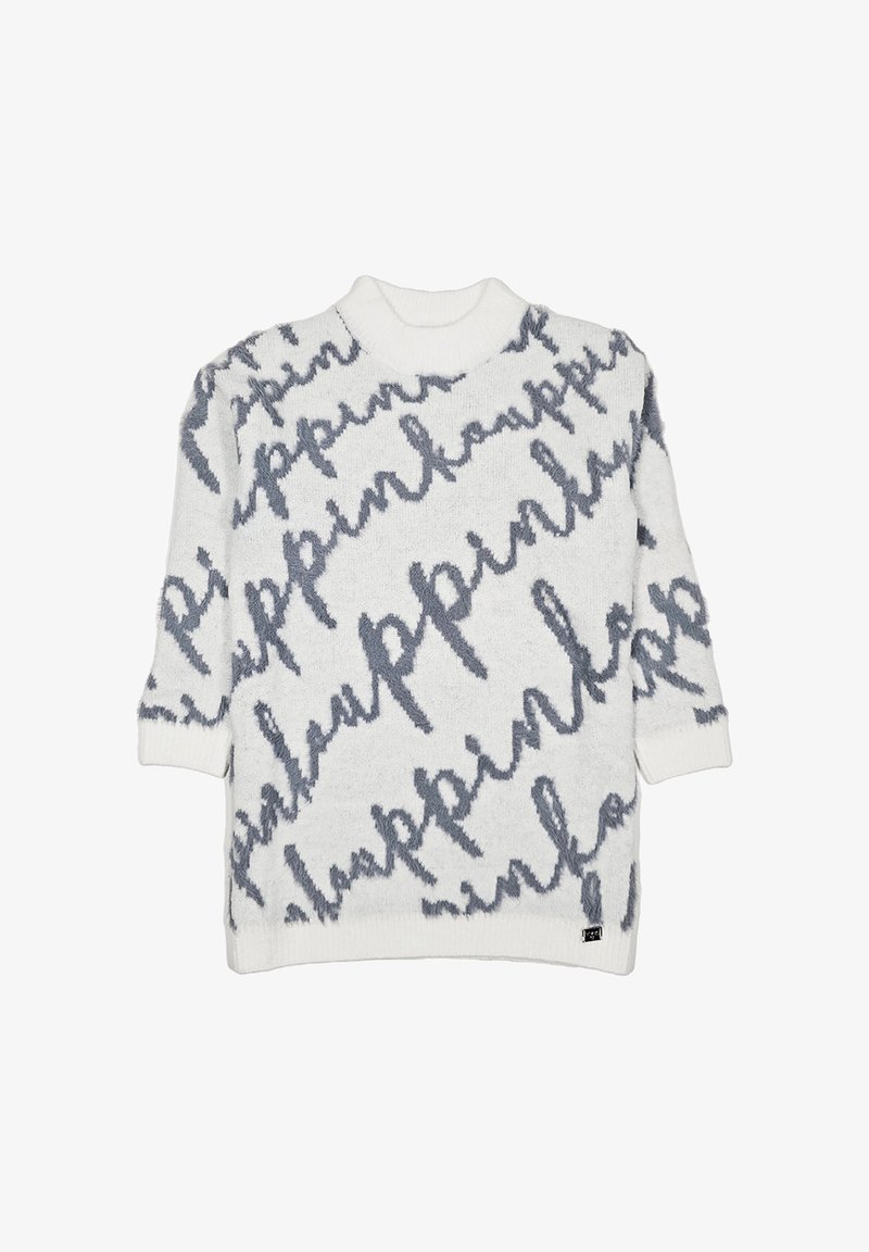 Maglione bianco peloso con motivo di testo in corsivo grigio e collo alto, polsini e orlo a coste.