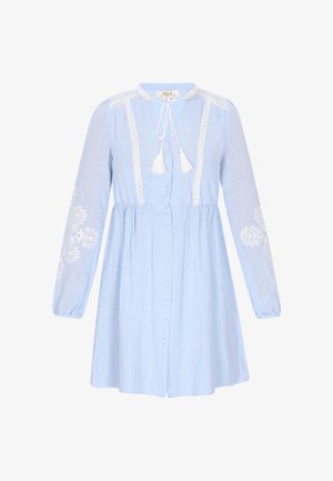 Hele sinine nööbitav kleit pikkade varrukatega, pitsäärisega ja lilleline tikand varrukatel. Kaeluses on narmad.